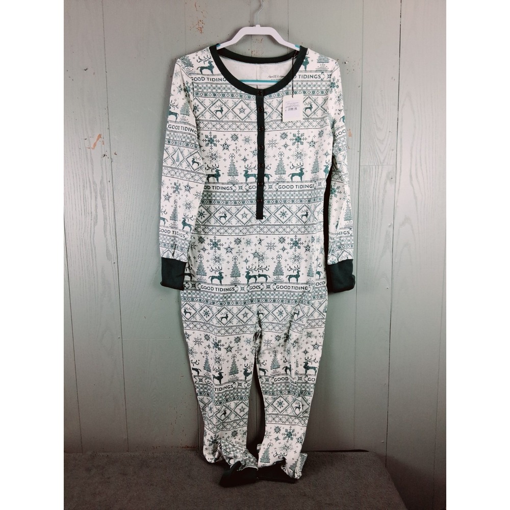 NWT Hearth & Hand‎ Magnolia Christmas Pajamas Long Johns Medium Green Trap Door